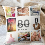 80th birthday custom photo collage woman white throw pillow<br><div class="desc">A unique gift for a womans 80th birthday, celebrating her life with a collage of 8 of your own photos, pictures. Personalize and add her name, age 80 and a date. A chic white background. Gray and black letters and numbers. The name is written with a modern hand lettered style...</div>