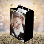 80th birthday custom photo hello 80 guy man medium gift bag<br><div class="desc">Template for Your photo.  White text overlay: Hello 80!  A gift bag for a 80th birthday party for him.  Black bacground colour.</div>