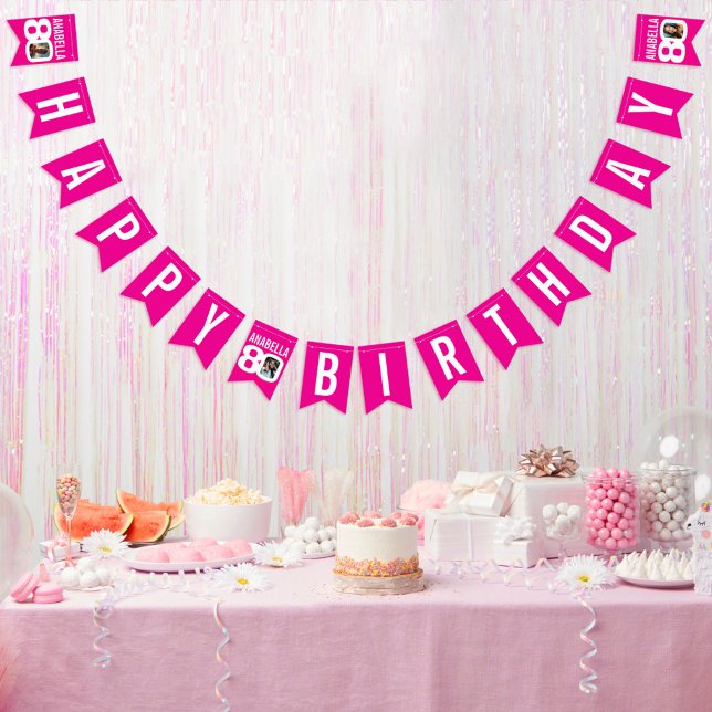80th Birthday custom photo pink white Bunting Flags (Creator Uploaded)