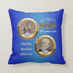 80th Birthday Custom Then Now Gold Blue Photoframe Throw Pillow