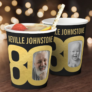80th birthday custom two photo black and gold paper cups