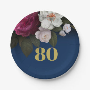 80th Birthday Dark Blue Elegant Floral Eightieth Paper Plate
