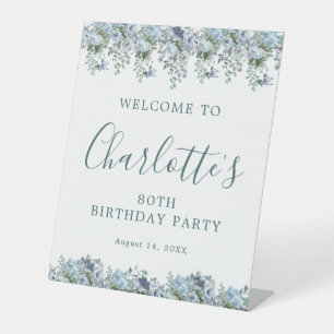 80th Birthday Dusty Blue Floral Welcome Pedestal Sign
