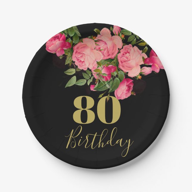 80th Birthday Eightieth Black Gold Rose Elegant Paper Plate (Front)