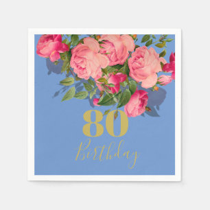 80th Birthday Eightieth Blue Rose Gold Elegant Napkin