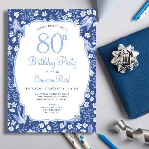 80th Birthday Elegant Blue Floral Feminine Bird Invitation