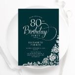 80th Birthday Elegant Emerald Green Silver Roses Invitation<br><div class="desc">Simple elegant 80th birthday party invitation in emerald green and silver. Classy design featuring roses, faux silver foil and typography script font. Trendy invite card perfect for a stylish female bday celebration. Personalize with your own details. Can be customized to any age. Printed Zazzle invitations or instant download digital printable...</div>