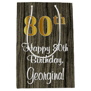 80th Birthday: Elegant Faux Gold Look #, Faux Wood Medium Gift Bag