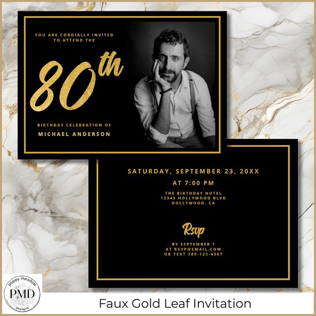 80th Birthday Elegant Photo Black Gold Invitation (70th Birthday Black and Gold Photo Invitation with Faux Gold Leaf, Party Details on the Back.)