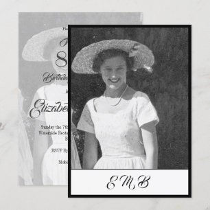 80th Birthday Elegant Photo Black White Monogram Invitation