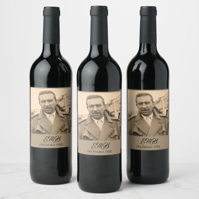 80th Birthday Elegant Photo Monogram Male Wine Label (Bottles)