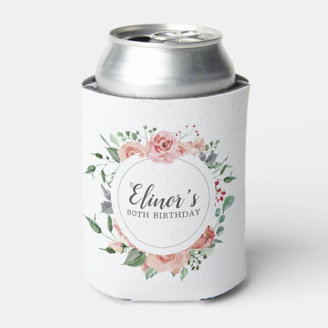 80th Birthday Elegant Pink Rose Floral Can Cooler (Can Front)