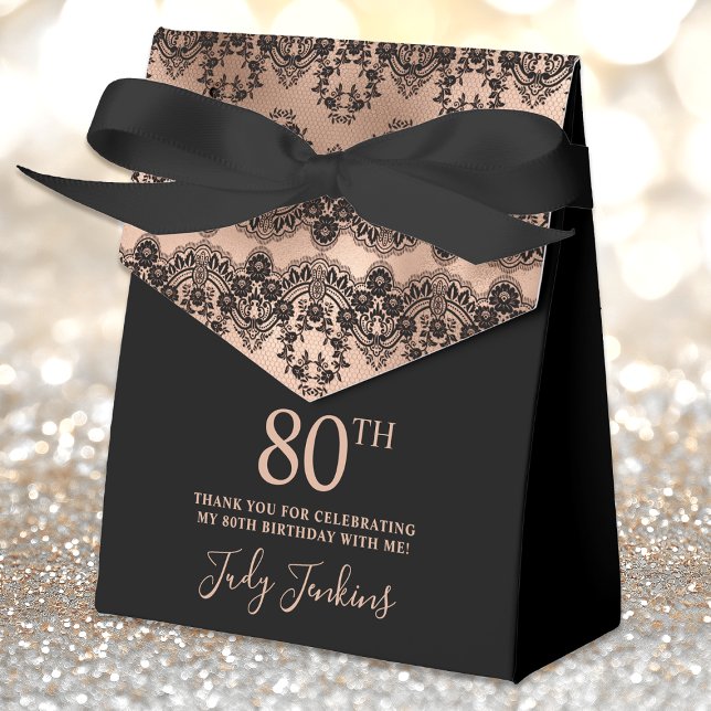 80th Birthday Elegant Rose Gold Black Lace Favor Box (Creator Uploaded)