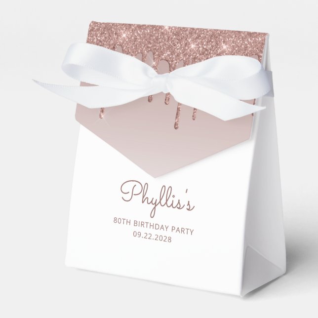 80th Birthday Elegant Rose Gold Glitter Drip Favor Box (Front Side)
