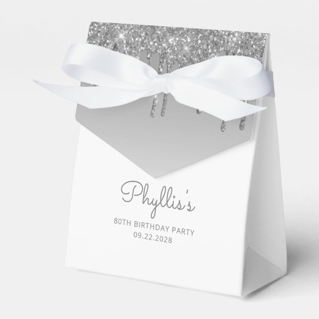 80th Birthday Elegant Silver Glitter Drip Script Favor Box (Front Side)