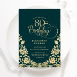 80th Birthday Emerald Green Gold Roses Invitation<br><div class="desc">Emerald green gold elegant 80th birthday party invitation. Classy design featuring roses,  faux gold foil and typography script font. Trendy invite card perfect for a stylish female bday celebration. Personalize with your own details. Can be customized to any age. Printed Zazzle invitations or instant download digital printable template.</div>