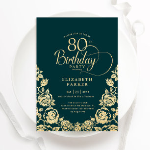 80th Birthday Emerald Green Gold Roses Invitation