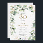 80th Birthday Eucalyptus Card Request<br><div class="desc">This exquisite, watercolor eucalyptus with gold leaf embellishments and gold splattered dots 80th birthday party invitation with card request is perfect for celebrating your wife, mom, sister, aunt, friend, grandmother. It's soft flowy design is modern yet traditional. The back has a beautifully worded request for a card and a coordinating...</div>