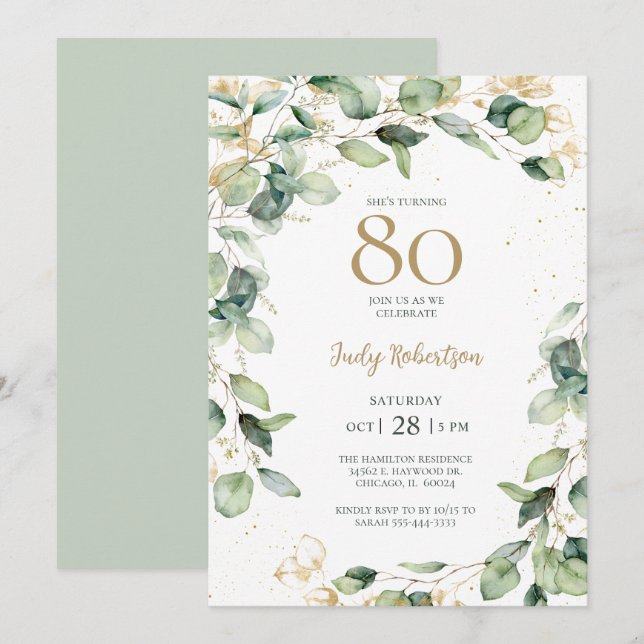 80th Birthday Eucalyptus Invitation (Front/Back)