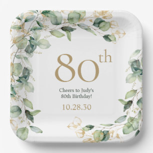 80th Birthday Eucalyptus Paper Plate