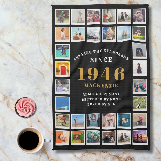 80th Birthday Family Memories Photo Collage  Kitchen Towel (1946 kitchen towel. Marble background.)