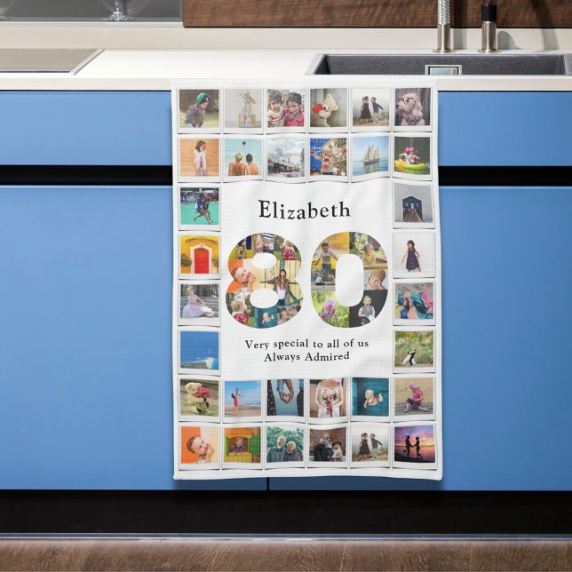 80th Birthday Family Photo Collage Template Kitchen Towel (Personalized 80th birthday kitchen towel with family photo collage template.)