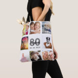 80th birthday family photo collage woman white tote bag<br><div class="desc">A unique gift for a woman's 80th birthday, celebrating her life with a collage of 8 of your own photos, pictures. Personalize and add her name, age 80 and a date. A chic white background. Grey and black letters and numbers. The name is written with a modern hand lettered style...</div>