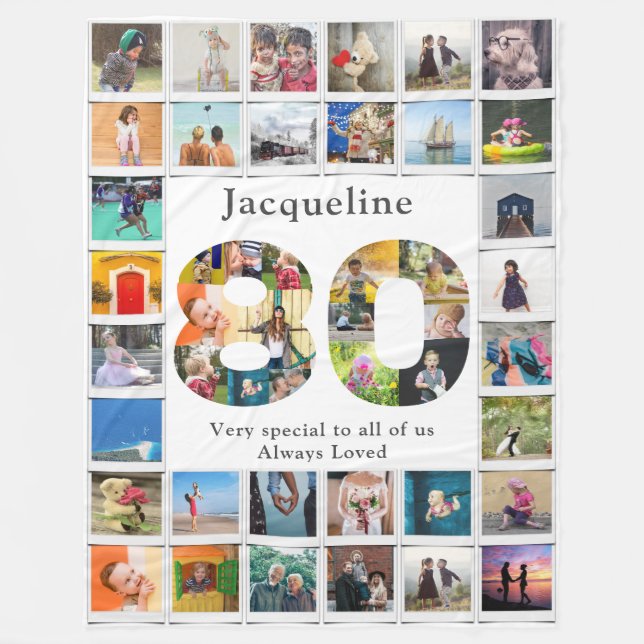 80th Birthday Family Photo Template Large Fleece Blanket (Front)