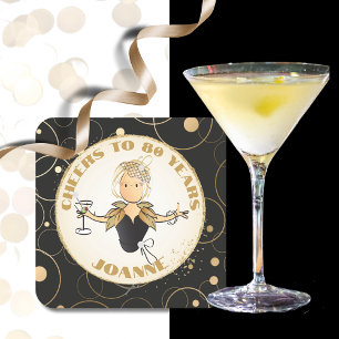  80th Birthday Female Cartoon Gold Black Cheers  Square Paper Coaster