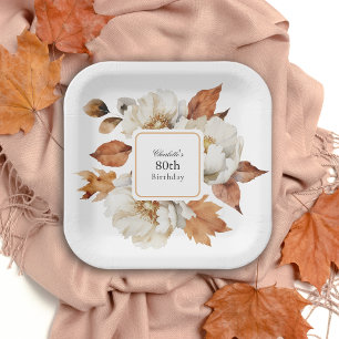 80th Birthday Feminine Fall Floral Paper Plate