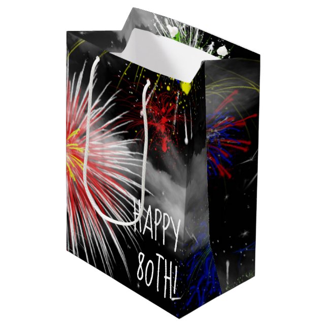80th Birthday Fireworks In Clouds Medium Gift Bag (Front Angled)