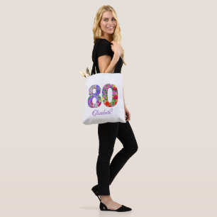 80th birthday floral colorful name tote bag