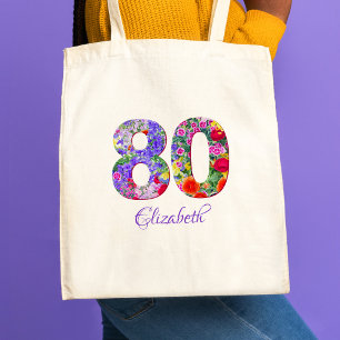 80th birthday floral colorful name tote bag