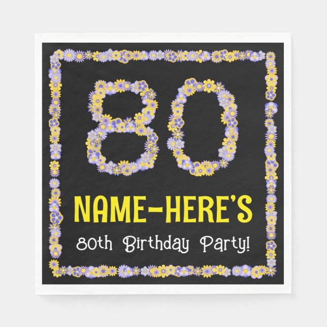 80th Birthday: Floral Flowers Number, Custom Name Napkin (Front)