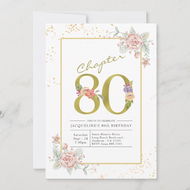 80th Birthday Floral Gold Script Invitation (Front)