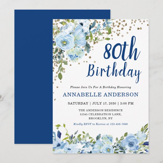 80th Birthday Floral Navy Blue Gold Glitter Dots Invitation (Front/Back)