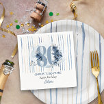 80th Birthday Floral Number Coastal Blue Stripe Napkin<br><div class="desc">80th birthday party napkins with fully editable wording to personalize as you wish. Design features number 80 decorated with rose buds, flower blooms and foliage in shades of coastal blue and sand. Subtle feminine and elegant design with watercolor floral arrangements, paint splatters and brush strokes. Perfect for 80th birthday celebration...</div>