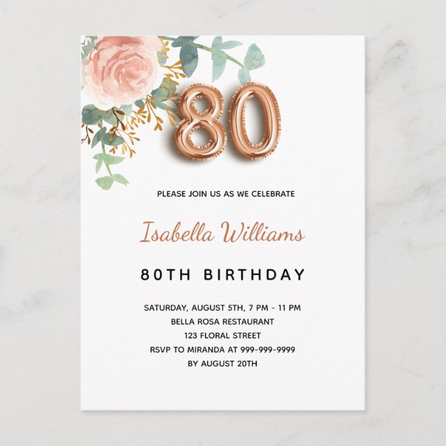 80th birthday floral rose gold eucalyptus greenery invitation postcard (Front)