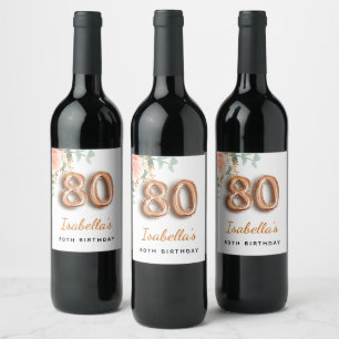 80th birthday floral rose gold eucalyptus monogram wine label
