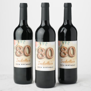80th birthday floral rose gold eucalyptus monogram wine label