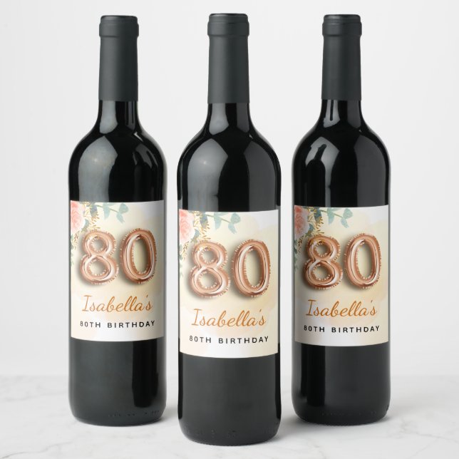 80th birthday floral rose gold eucalyptus monogram wine label (Bottles)