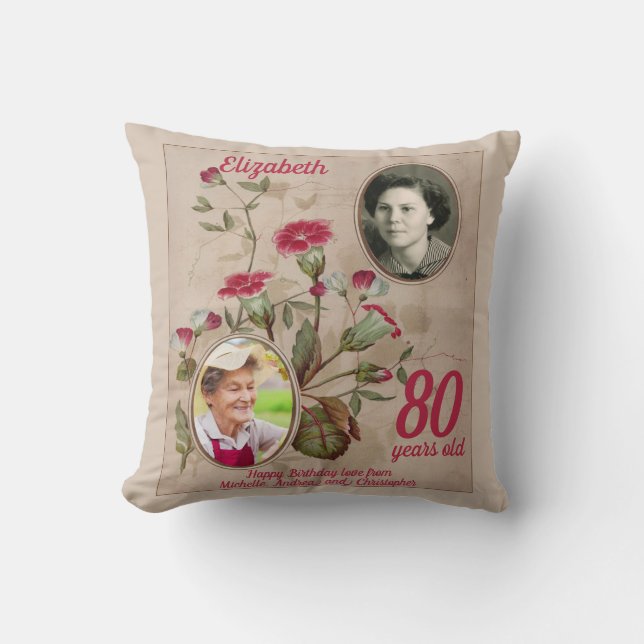 80th Birthday Floral Vintage Photo Throw Pillow (Front)