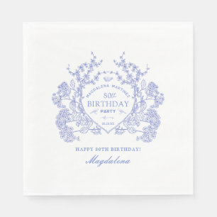 80th Birthday French Blue Floral Crest Custom Napkin