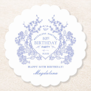 80th Birthday French Blue Floral Crest Custom Paper Coaster
