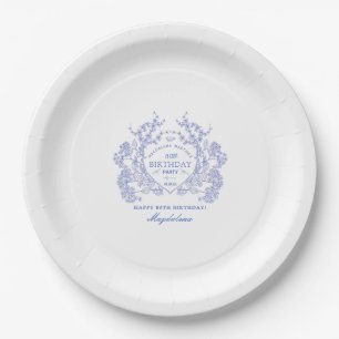80th Birthday French Blue Floral Crest Custom Paper Plate