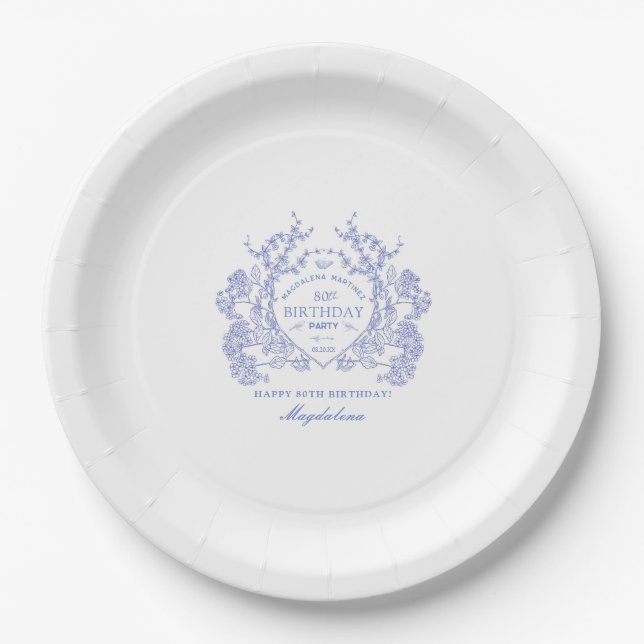 80th Birthday French Blue Floral Crest Custom Paper Plate (Front)