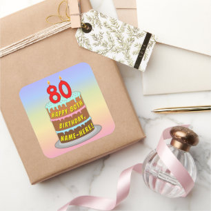 80th Birthday: Fun Cake and Candles + Custom Name Square Sticker