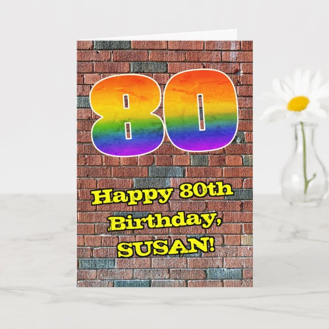 80th Birthday: Fun Graffiti-Inspired Rainbow 80 Card (Small Plant)