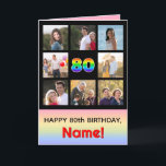 80th Birthday: Fun Rainbow #, Custom Photos   Name Card<br><div class="desc">The front of this upbeat and fun birthday themed greeting card design features the number “80“ with a vibrant multicolored rainbow spectrum inspired gradient pattern, along with the message “HAPPY 80th BIRTHDAY, ” and a custom recipient name. The photos surrounding the rainbow-patterned number on the front can be personalized, perhaps...</div>