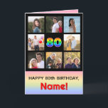 80th Birthday: Fun Rainbow #, Custom Photos   Name Card<br><div class="desc">The front of this upbeat and fun birthday themed greeting card design features the number “80“ with a vibrant multicolored rainbow spectrum inspired gradient pattern, along with the message “HAPPY 80th BIRTHDAY, ” and a custom recipient name. The photos surrounding the rainbow-patterned number on the front can be personalized, perhaps...</div>